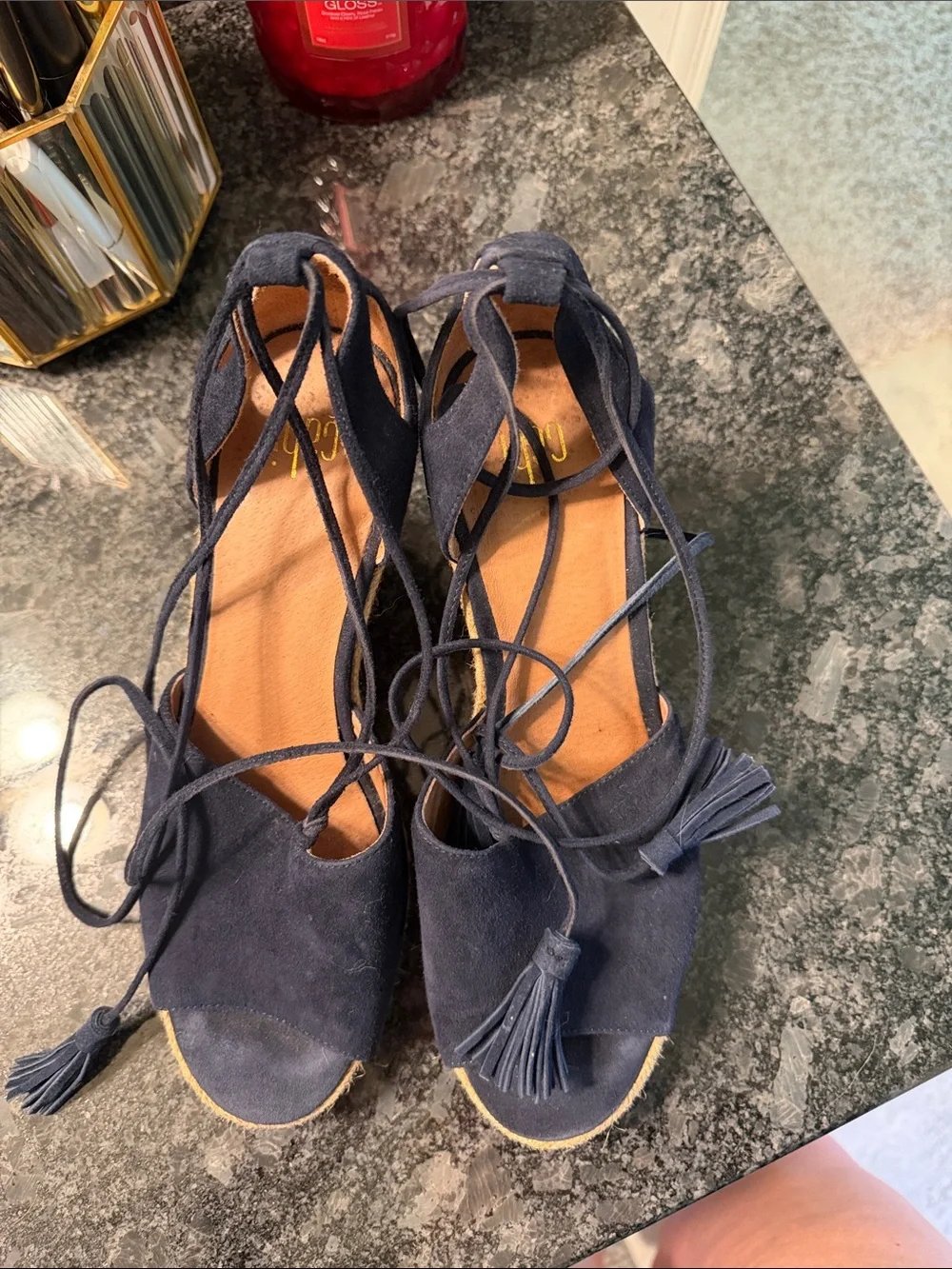 CAbi Navy Suede Lace-Up Espadrille Wedges with Patterned Heel